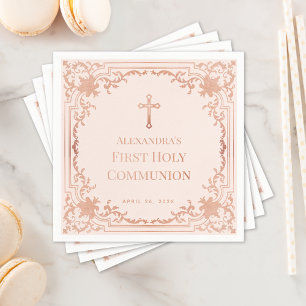 Girl First Communion Rose Gold Cross Blush Pink Napkin