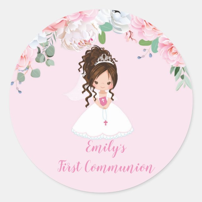Girl First Communion Stickers, Brunette Updo Classic Round Sticker (Front)