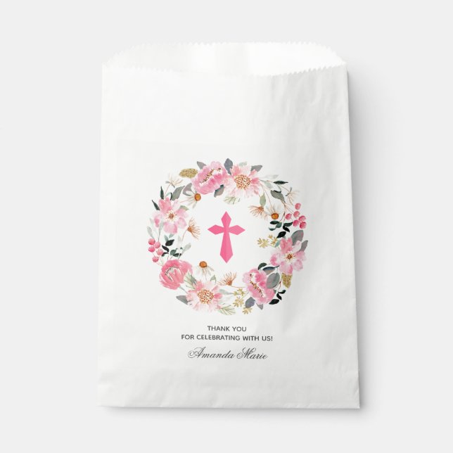 Girl First Communion Watercolor Pink Floral Favour Bag (Front)