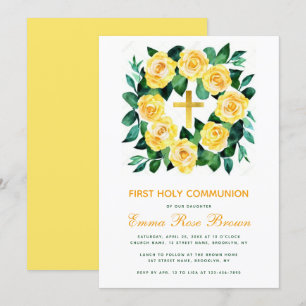 Girl First Communion Yellow Roses Wreath Floral Invitation