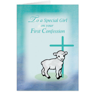 Girl First Confession, Lamb, Cross, on Teal
