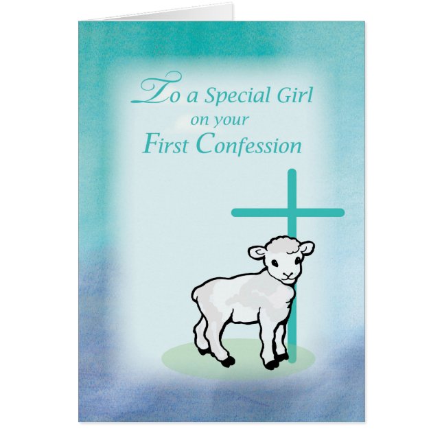 Girl First Confession, Lamb, Cross, on Teal (Front)