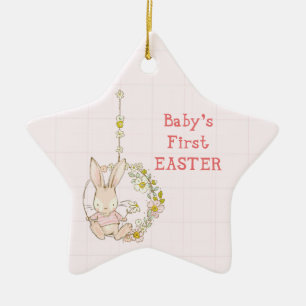 Girl First Easter Bunny on Flower Swing Ceramic Ornament