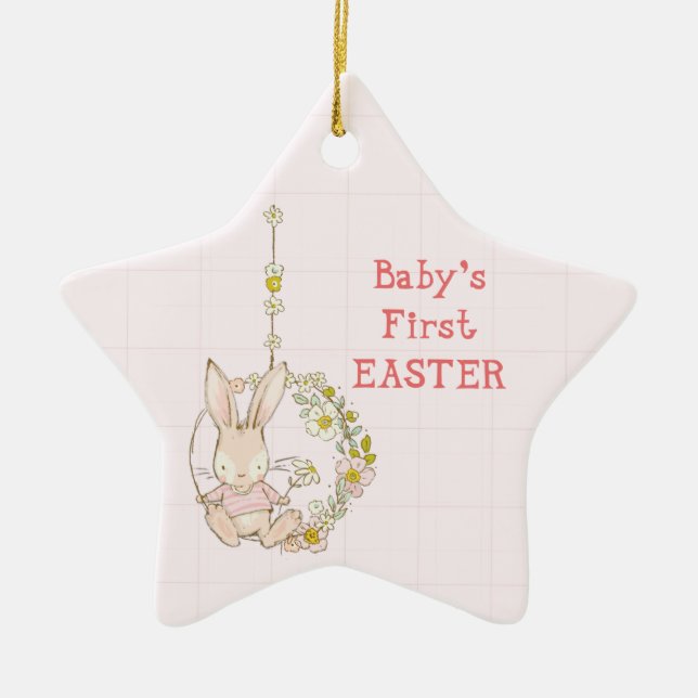 Girl First Easter Bunny on Flower Swing Ceramic Ornament (Front)