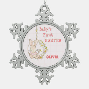 Girl First Easter Bunny on Flower Swing Snowflake Pewter Christmas Ornament