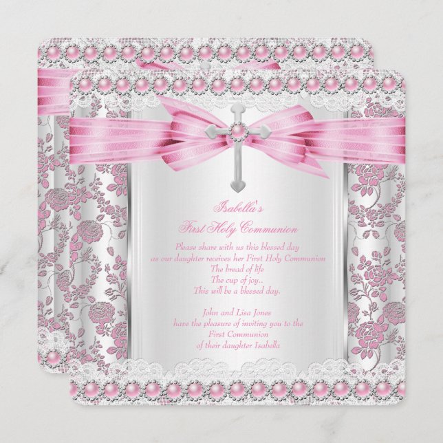 Girl First Holy Communion Cross Damask Pink Silver Invitation (Front/Back)