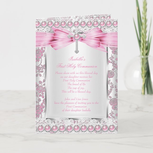 Girl First Holy Communion Cross Damask Pink Silver Invitation (Front)