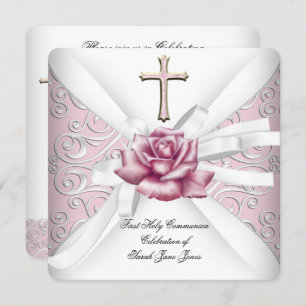 Girl First Holy Communion Damask Pink Rose White 2 Invitation