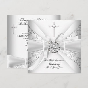 Girl First Holy Communion Damask White Silver Invitation