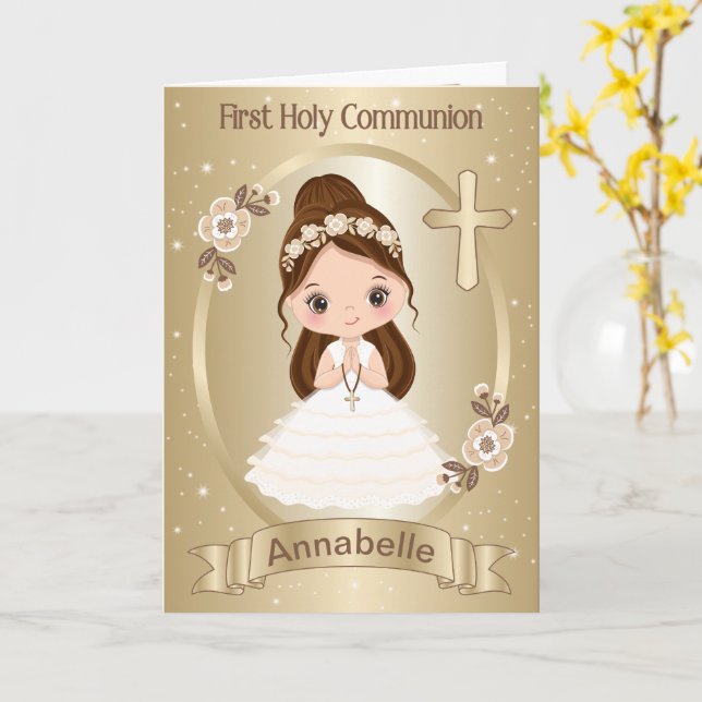 Girl First Holy Communion Folded Greeting Card (Yellow Flower)