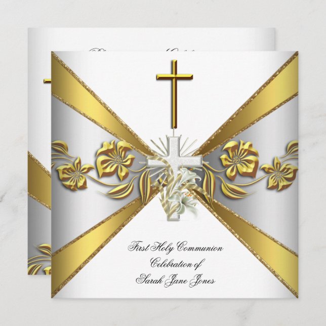 Girl First Holy Communion Gold White Floral 2 Invitation (Front/Back)
