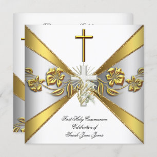 Girl First Holy Communion Gold White Floral 2 Invitation