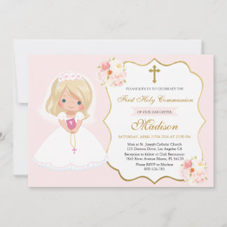 Girl First Holy Communion Invitation Soft Pink