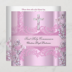 Girl First Holy Communion Lace Pink Invitation