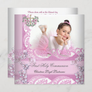 Girl First Holy Communion Lace Pink Photo Invitation