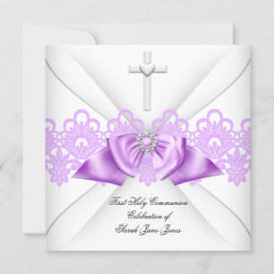 Girl First Holy Communion Lilac Lace Bow White Invitation