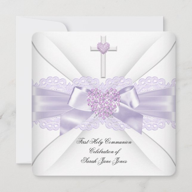 Girl First Holy Communion Lilac Lace Heart 2 Invitation (Front)