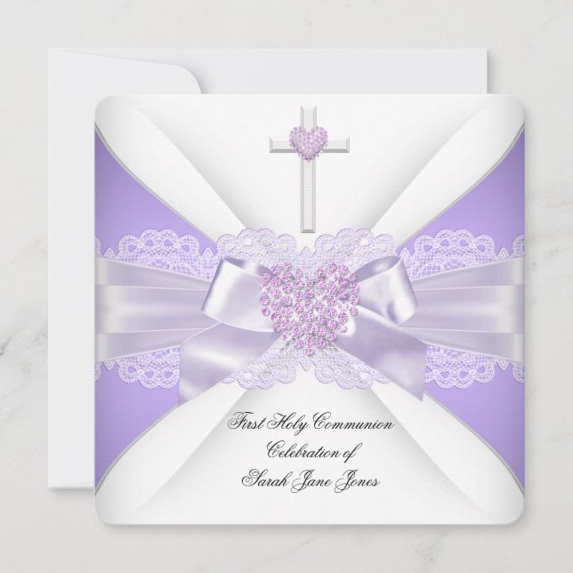 Girl First Holy Communion Lilac Lace Heart 3 Invitation (Front)