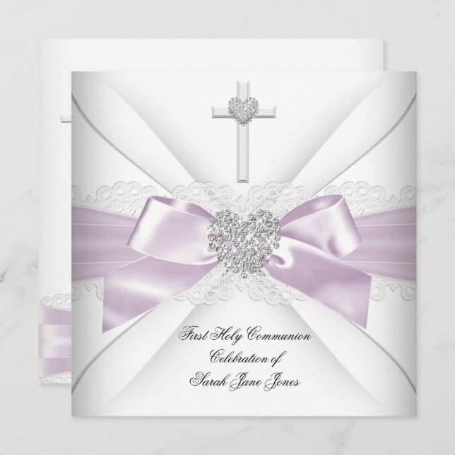 Girl First Holy Communion Lilac Pink Silver Heart Invitation (Front/Back)