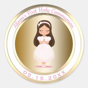 Girl First Holy Communion Metallic Gold and Pink Classic Round Sticker