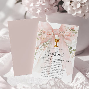 Girl First Holy Communion Pink Bow Rose Floral  Invitation
