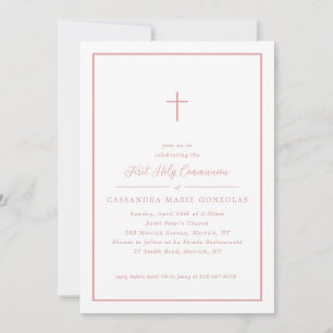 Girl First Holy Communion Pink Cross Simple Frame Invitation