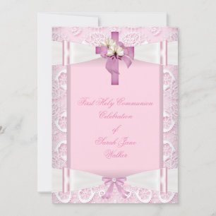 Girl First Holy Communion Pink Lace Bow White 5 Invitation