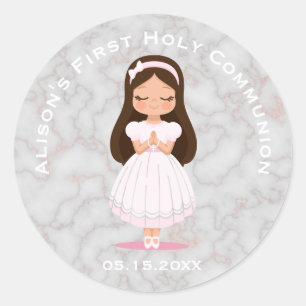 Girl First Holy Communion Pink Marble Classic Round Sticker