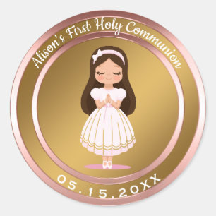 Girl First Holy Communion Pink Rose Gold Classic Round Sticker