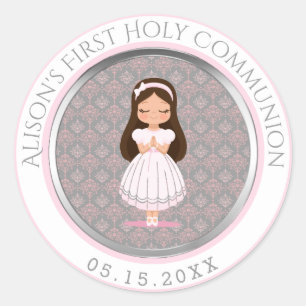 Girl First Holy Communion Pink Silver Classic Round Sticker