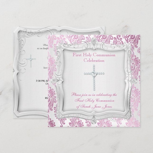 Girl First Holy Communion Pink Silver Cross Invitation (Front/Back)