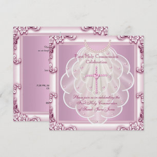 Girl First Holy Communion Pink Veil Pink Cross Invitation