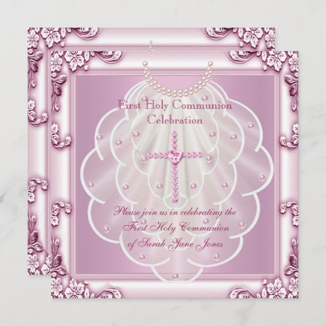 Girl First Holy Communion Pink Veil Pink Cross Invitation (Front/Back)