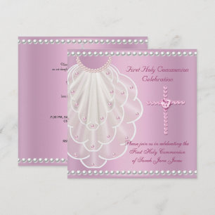 Girl First Holy Communion Pink Veil Pink Pearl Invitation