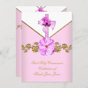 Girl First Holy Communion Pink White Flower 3 Invitation