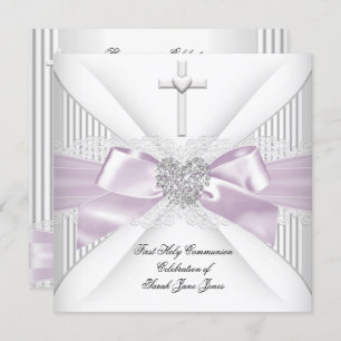 Girl First Holy Communion Pink White Grey Heart Invitation