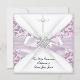 Girl First Holy Communion Pink White Grey Leopard Invitation