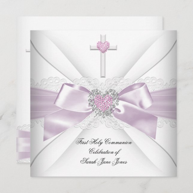 Girl First Holy Communion Pink White Heart Order Invitation (Front/Back)