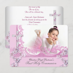 Girl First Holy Communion Pretty Lace Pink Invitation