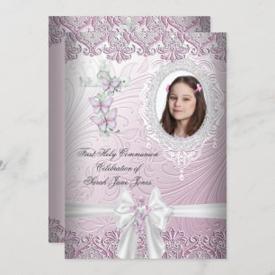Girl First Holy Communion Pretty Pink Photo Invitation