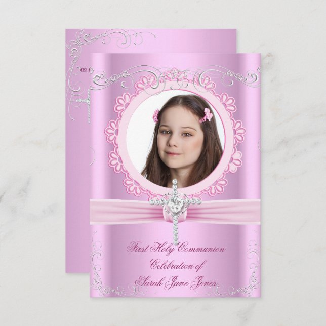 Girl First Holy Communion Pretty Pink Photo Invitation (Front/Back)
