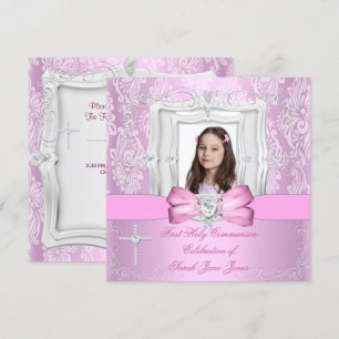 Girl First Holy Communion Pretty Pink Photo Invitation