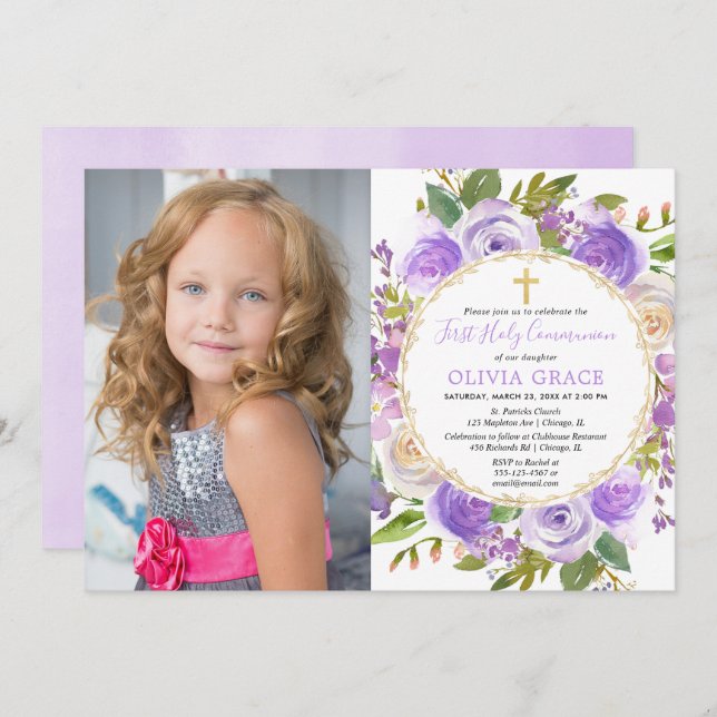 Girl First Holy Communion Purple lavender photo Invitation (Front/Back)