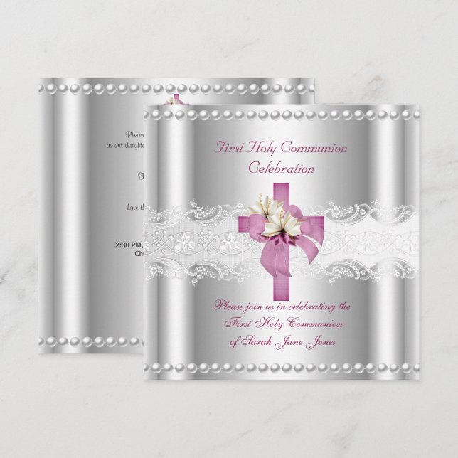 Girl First Holy Communion Silver Lace Pink Pearl Invitation (Front/Back)