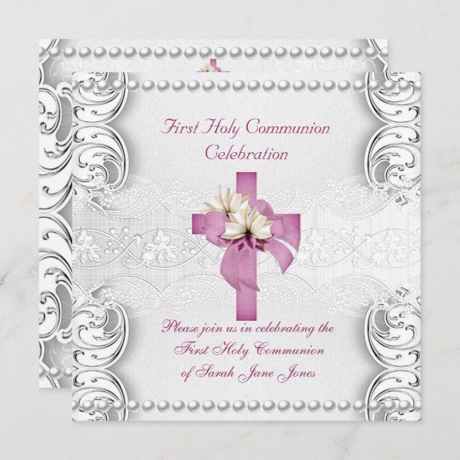 Girl First Holy Communion Silver Lace Pink Pearl Invitation (Front/Back)