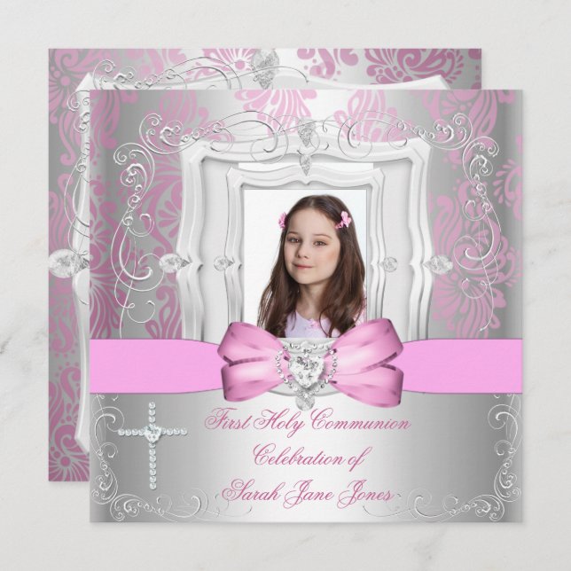 Girl First Holy Communion Silver Pink Photo Invitation (Front/Back)