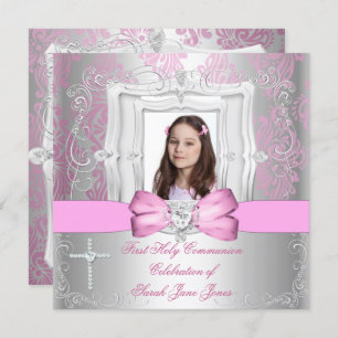 Girl First Holy Communion Silver Pink Photo Invitation