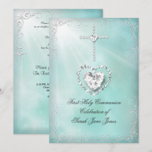 Girl First Holy Communion Teal Blue Heavenly Invitation