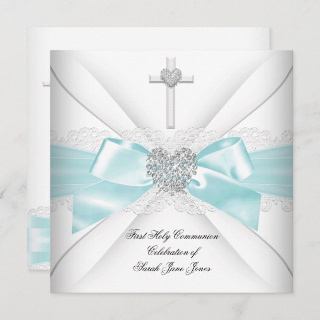 Girl First Holy Communion Teal White Silver Heart Invitation (Front/Back)