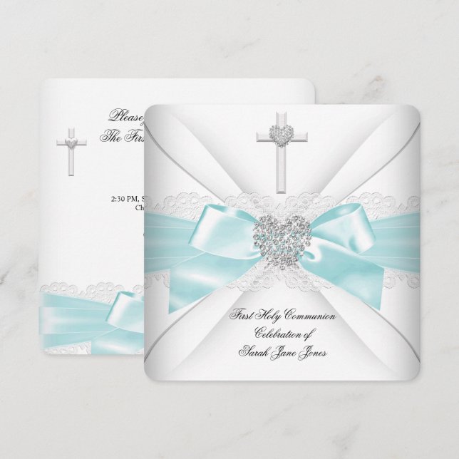 Girl First Holy Communion Teal White Silver Heart Invitation (Front/Back)